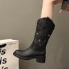 New Women's Retro Brown Hollow Knee High Mid Heel Cowboy Boot Split Cow Leather Slip On Chunky Heel Casual Boots Round Toe Boots