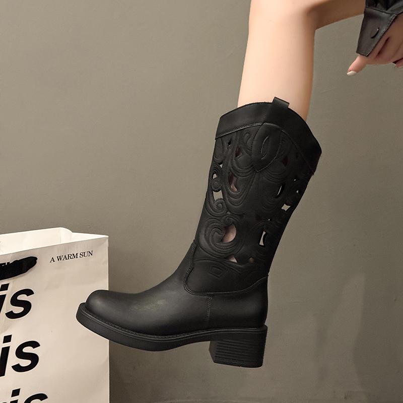 New Women's Retro Brown Hollow Knee High Mid Heel Cowboy Boot Split Cow Leather Slip On Chunky Heel Casual Boots Round Toe Boots
