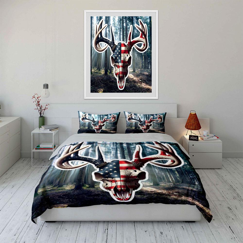 Usa Flag Deer Skull Decor Set Soft Comfortable Duvet Cover Bedding Set Included 1*Duvet Cover & 2*Pillowcases, Gift