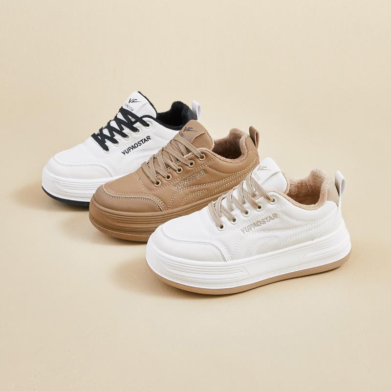 2025 Winter Plush White Shoes New Korean Edition Ins Female Students Thick Bottom Sports Board Shoes Casual Shoes