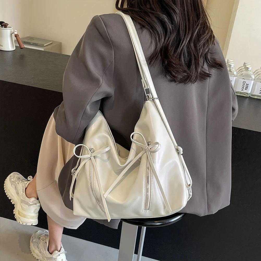 Cute Bow Underarm Bag PU Leather Designer Tote Bag Solid Color Casual Daypack with Zipper Satchel Purse for Women
