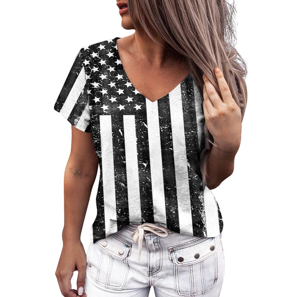 Summer Women Floral Print V Neck Short Sleeve Loose 3D T Shirt
