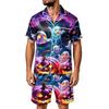 Men's Halloween Print Satin Pajama Set - Short Sleeve Tee and Shorts with Pockets, Loose Fit Sleepwear for Home