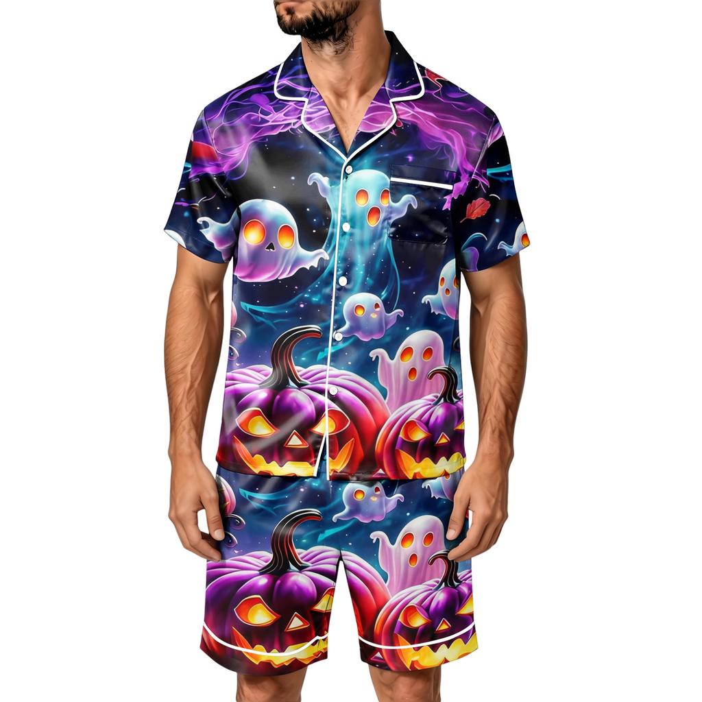 Men's Halloween Print Satin Pajama Set - Short Sleeve Tee and Shorts with Pockets, Loose Fit Sleepwear for Home