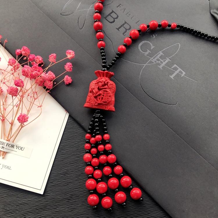 New Vintage Versatile Red Cinnabar Sweater Chain Natural Long Female Rose Necklace Pendant Accessories