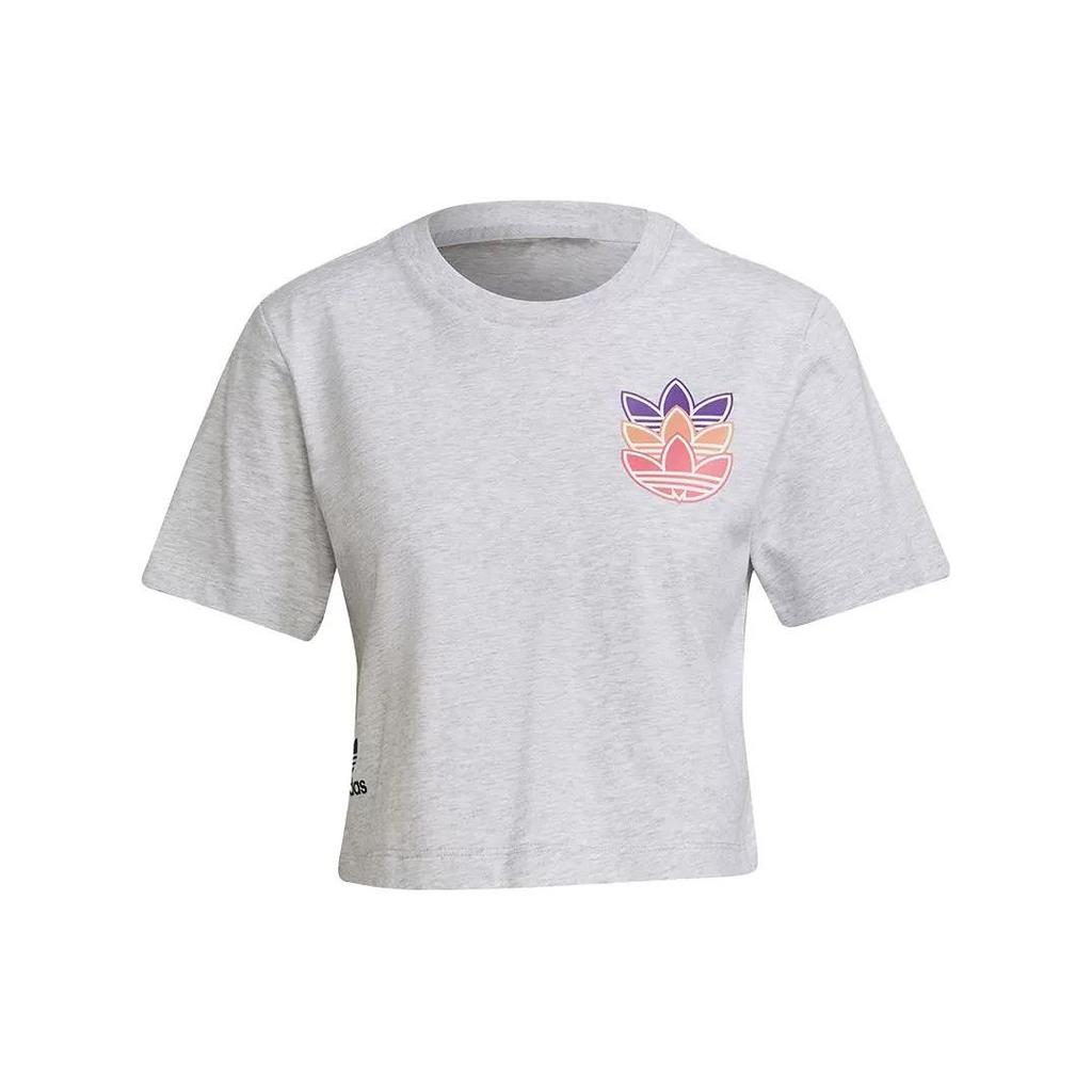 Adidas Originals Trefoil Logo Print Crew Neck Short Sleeve T-Shirt Women Tops Gray H22755