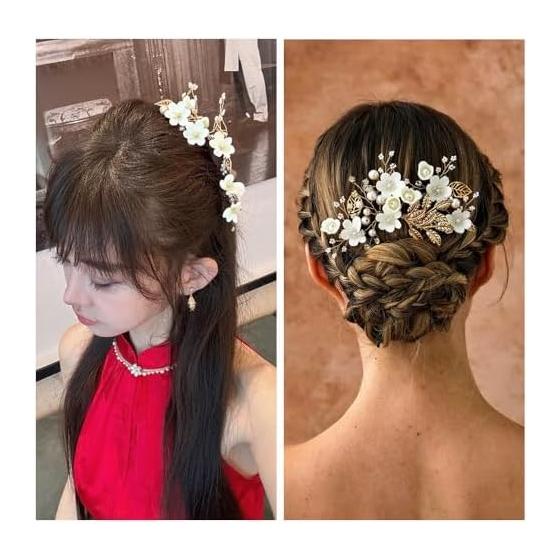 3-Piece Hair Accessory Set: Floral Pearl U-Pin Hairpins & Kanzashi Hair Comb with Artificial Flowers - Elegant Bridal & Formal Occasion Headpiece for