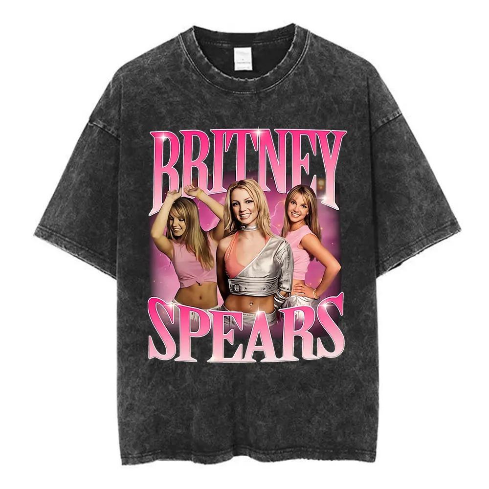 Britney Spears 2000 Tour Vintage Wash Oboustranné Oversized Tričko, Unisex Y2K Pop Fan Streetwear Tričko, 100% Bavlna Ležérní Krátký Rukáv