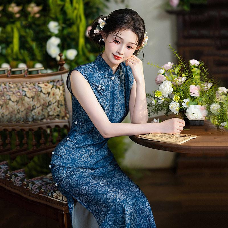 Blau ärmellos nationaler Stil neu Chinesisch Suzhou langer Cheongsam verbessert jung 1011 neu Damen High Sense Sommer