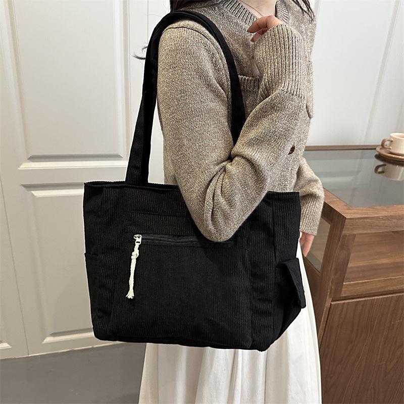 Simple Solid Color Corduroy Shoulder Bags for Women Large Capacity Multi-Pocket Ladies Tote Bag Casual Portable Female Handbags