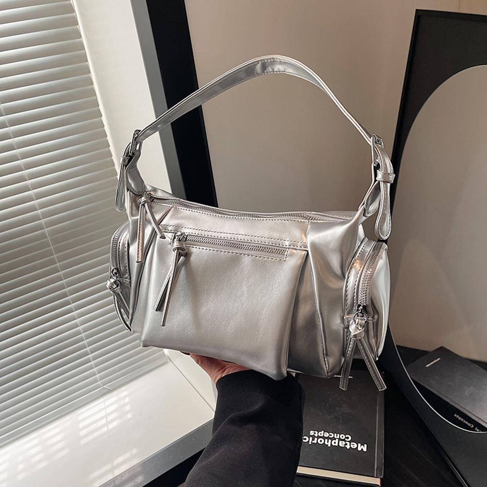 

Underarm Bag Soft PU Leather Hobo Bag Multi-Pocket Tote Bag Trendy for Women Work Shopping Travel серебряный