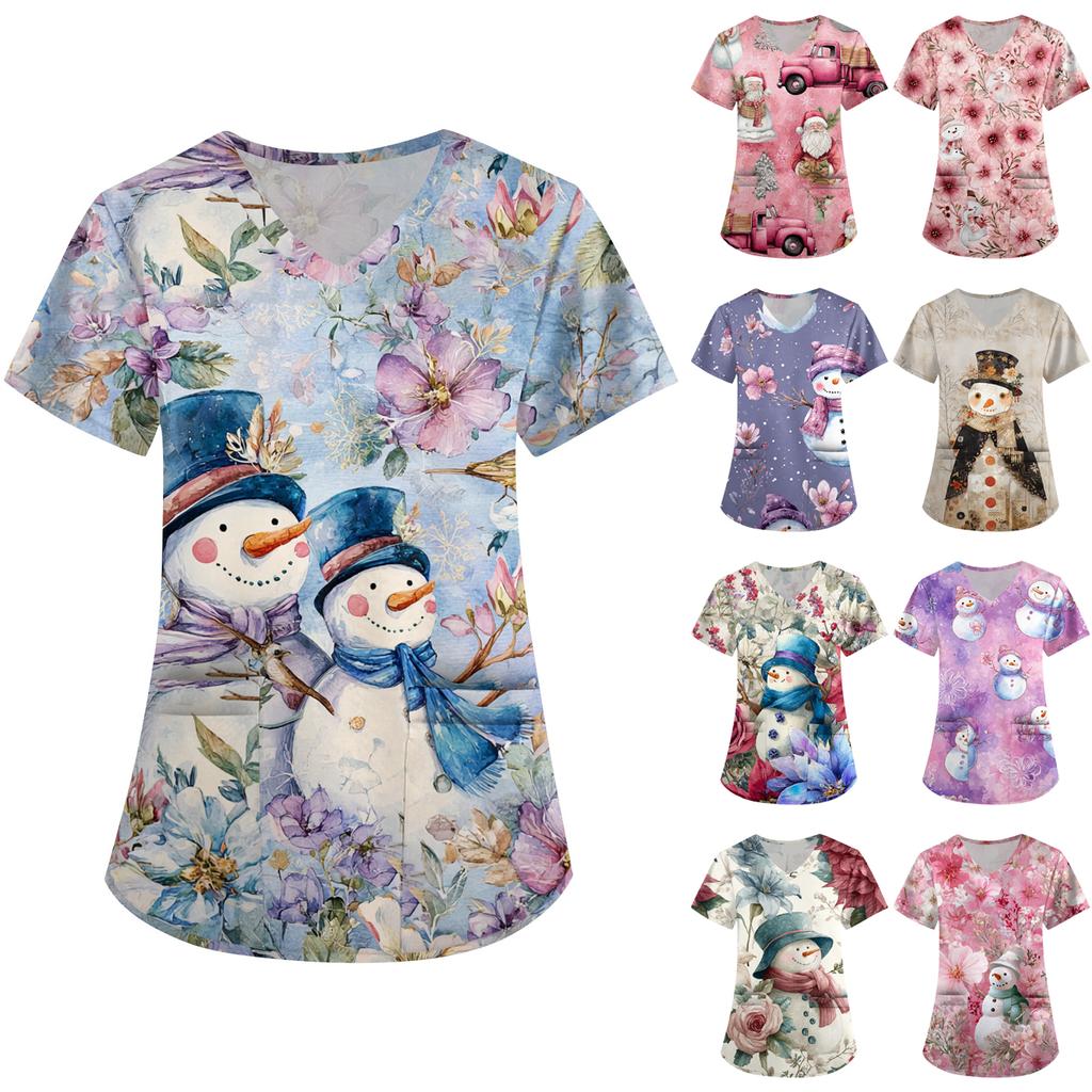 Women's Printing Uniform Work Uniform V-neck Pockets Basic Short Sleeve Pullover Top