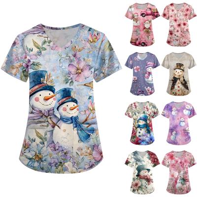 Women's Printing Uniform Work Uniform V-neck Pockets Basic Short Sleeve Pullover Top