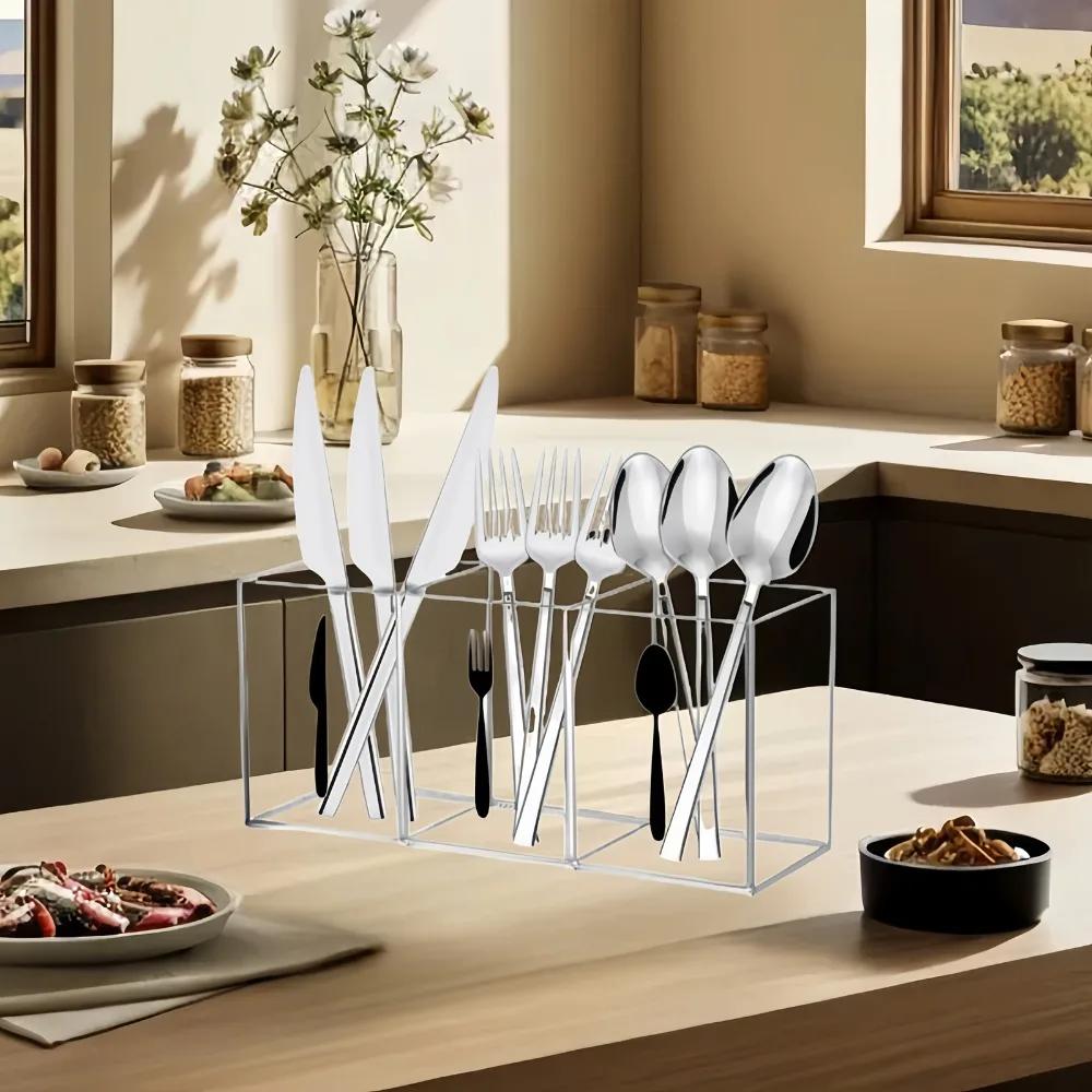 Compartment Plastic Utensil Storage Box - Large, Durable Tableware Organizer for Forks, Knives, Spoons, Napkins Utensil Holder