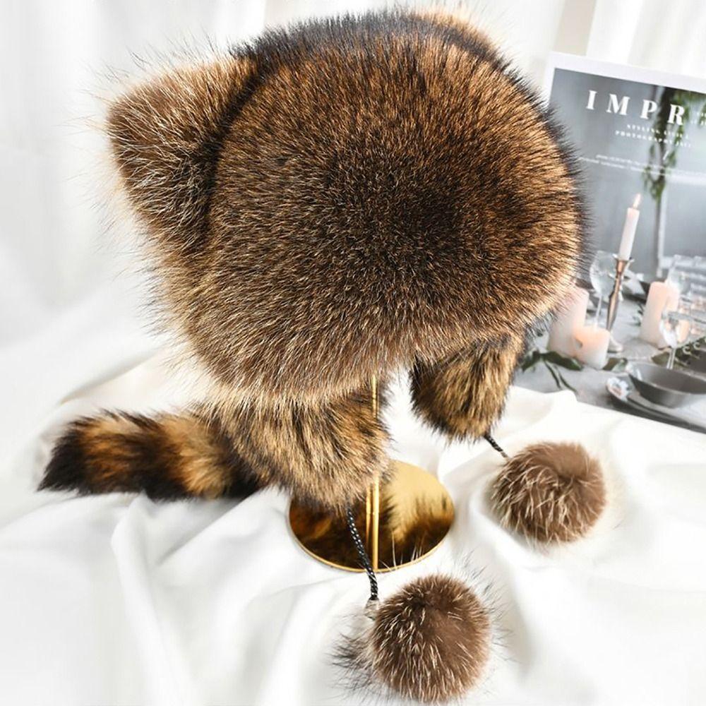 1Pcs New Thickened Raccoon Fur Cap Warm with Fur Balls Bomber Pom Hat Ushanka Fashion Winter Hat for Adult
