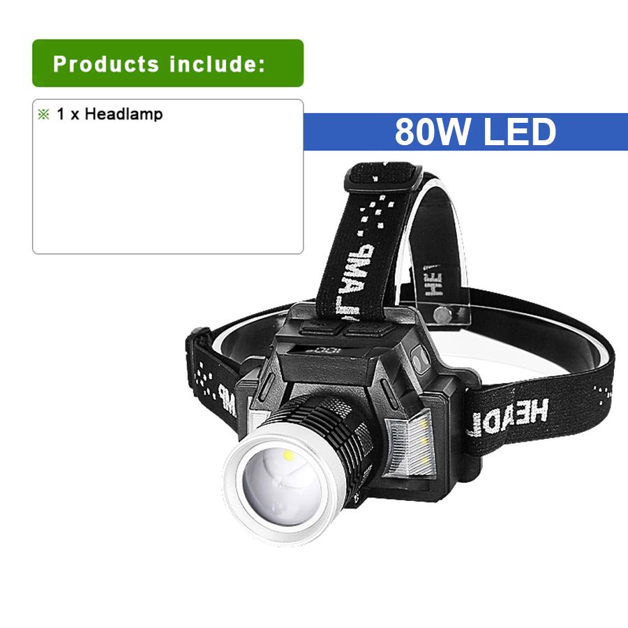 

80 Вт светодиодный многорежимный сенсорный фонарь, водостойкий регулируемый налобный фонарь, дисплей мощности, головной светильник, уличный фонарь для рыбалки built-in battery чёрный