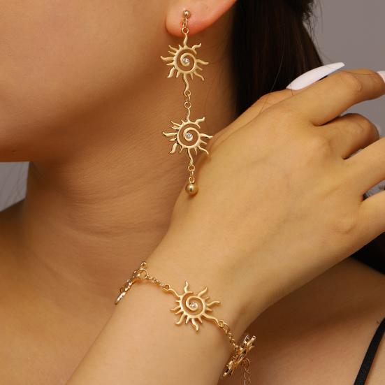 Earrings Bracelet Double Sun Spiral Pendant Retro Ethnic Style Bracelet Micro-Paved Cubic Zirconia Inlaid Sun Shape Drop Earrings Jewelry Gift