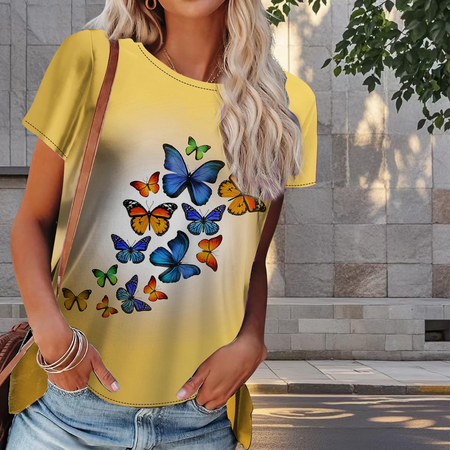 

Женская летняя футболка с принтом бабочек в стиле ретро, футболки с коротким рукавом, повседневные топы с принтом 8XL жёлтый
