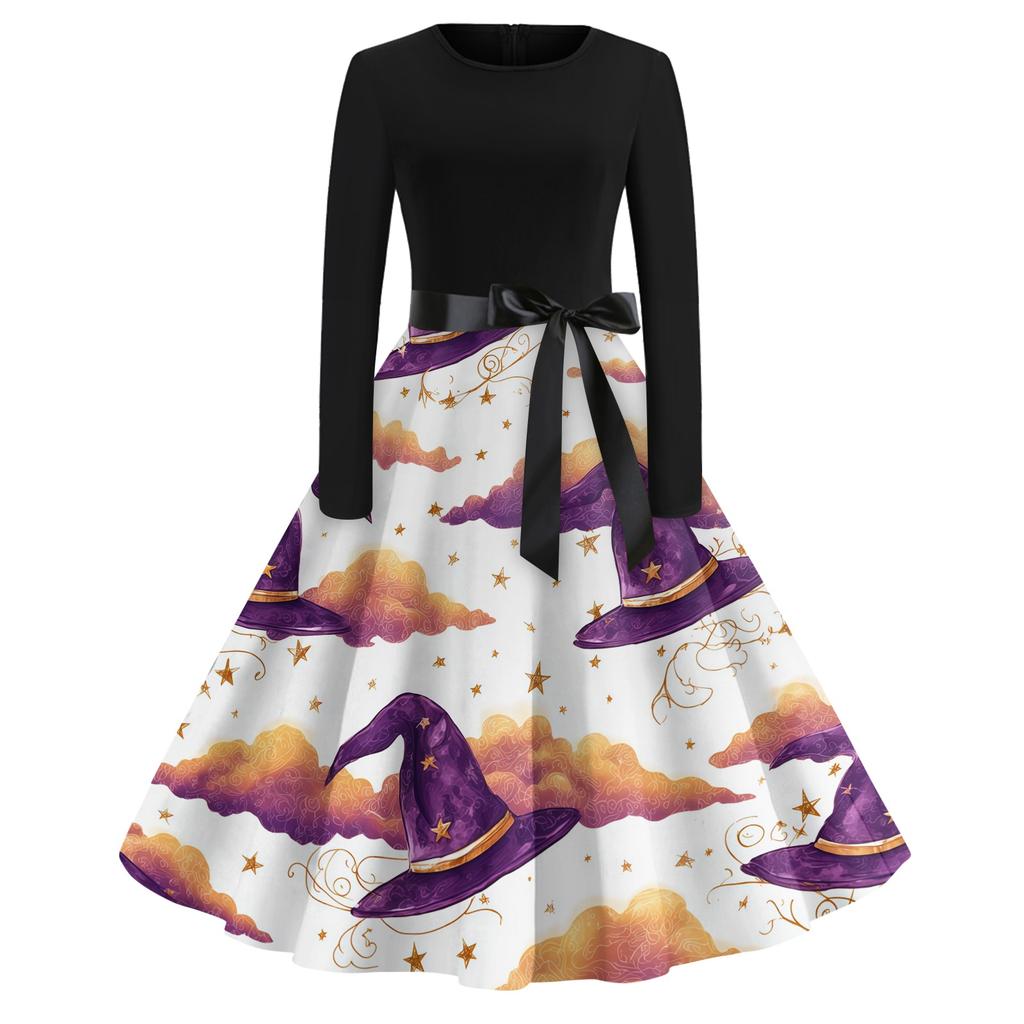 Women's Casual Halloween Print Round Neck Vintage Dress Long Sleeve Fit and Flare Midi Dress with Waist Tie for Seasonal Occasion