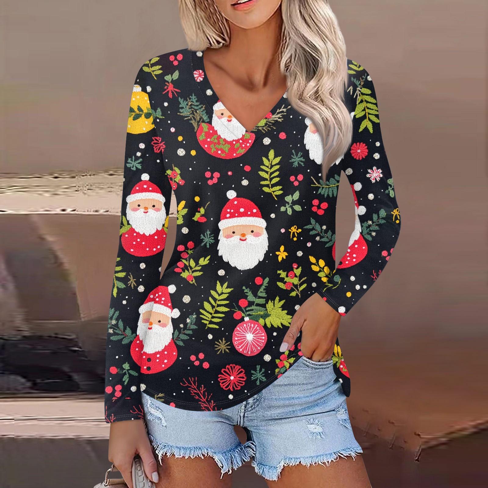

Женский повседневный модный сексуальный удобный рождественский принтованный топ с V-образным вырезом и длинными рукавами XL чёрный