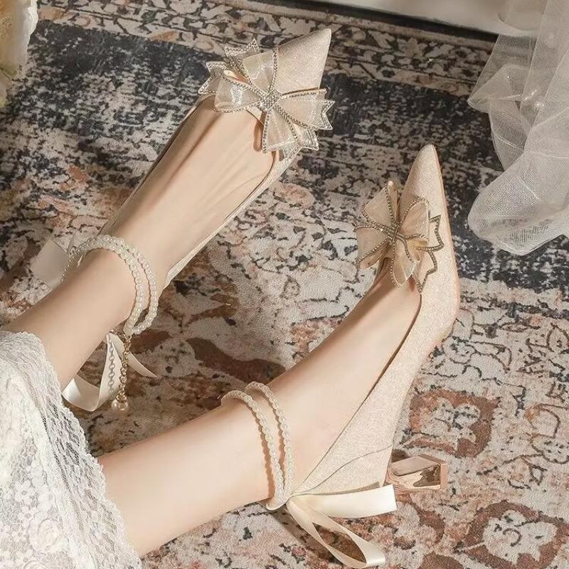 Fashion Women's Fashion Chunky Single Shoes Fall New Pointy Head Shallow Mouth Butterfly Knot Bead High Heel Low Top Shoes