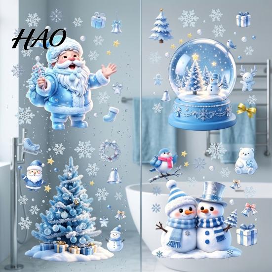 Christmas Window Clings Snowflakes Santa Static Sticker, Waterproof PVC Winter Festive Home Ornaments Decal, Decorative Removable Cling for