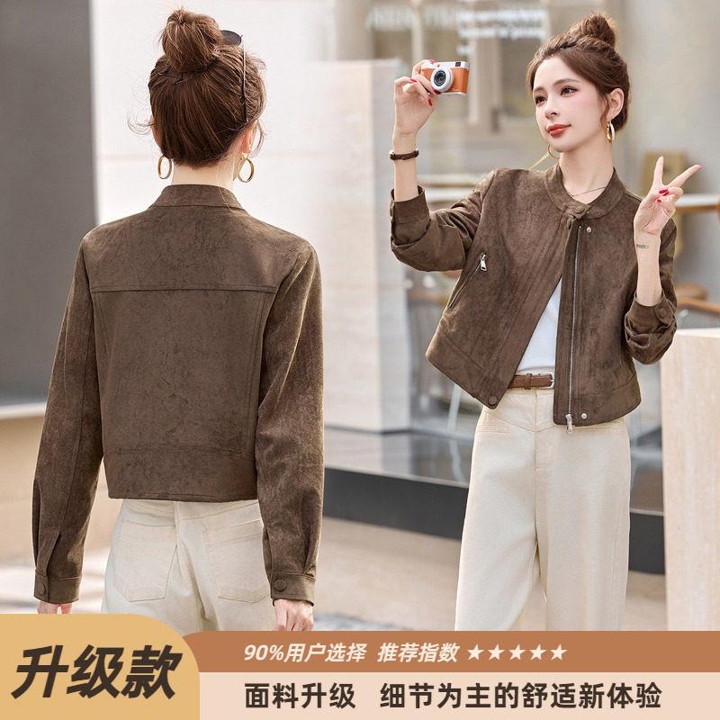 Stand-up collar short suede jacket women, autumn new retro casual versatile front shoulder jacket top