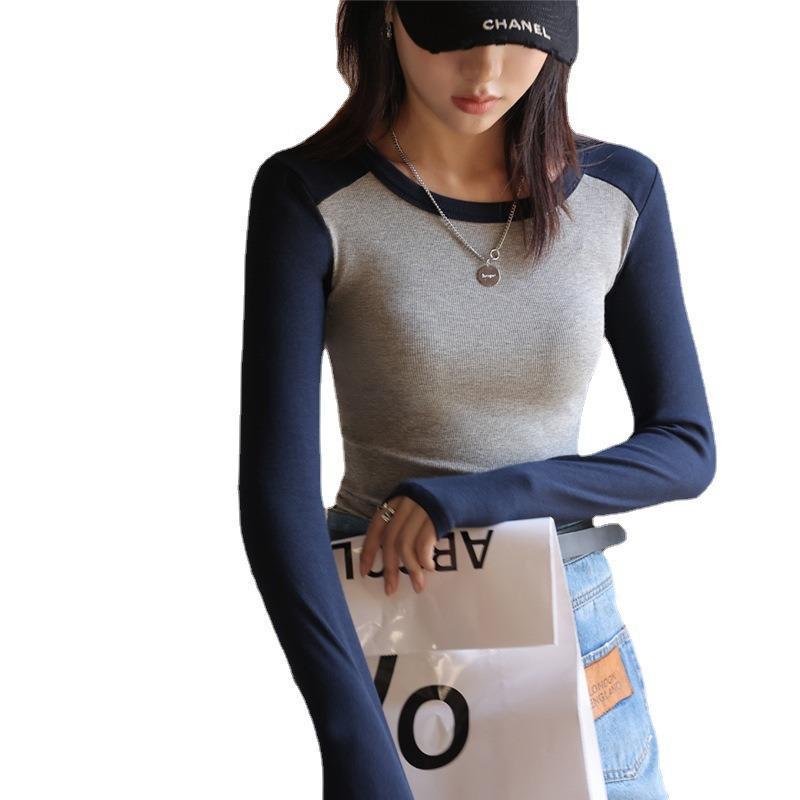 Women's Autumn and Winter Splicing and Color Collision Thread Round Neck Long Sleeve Top