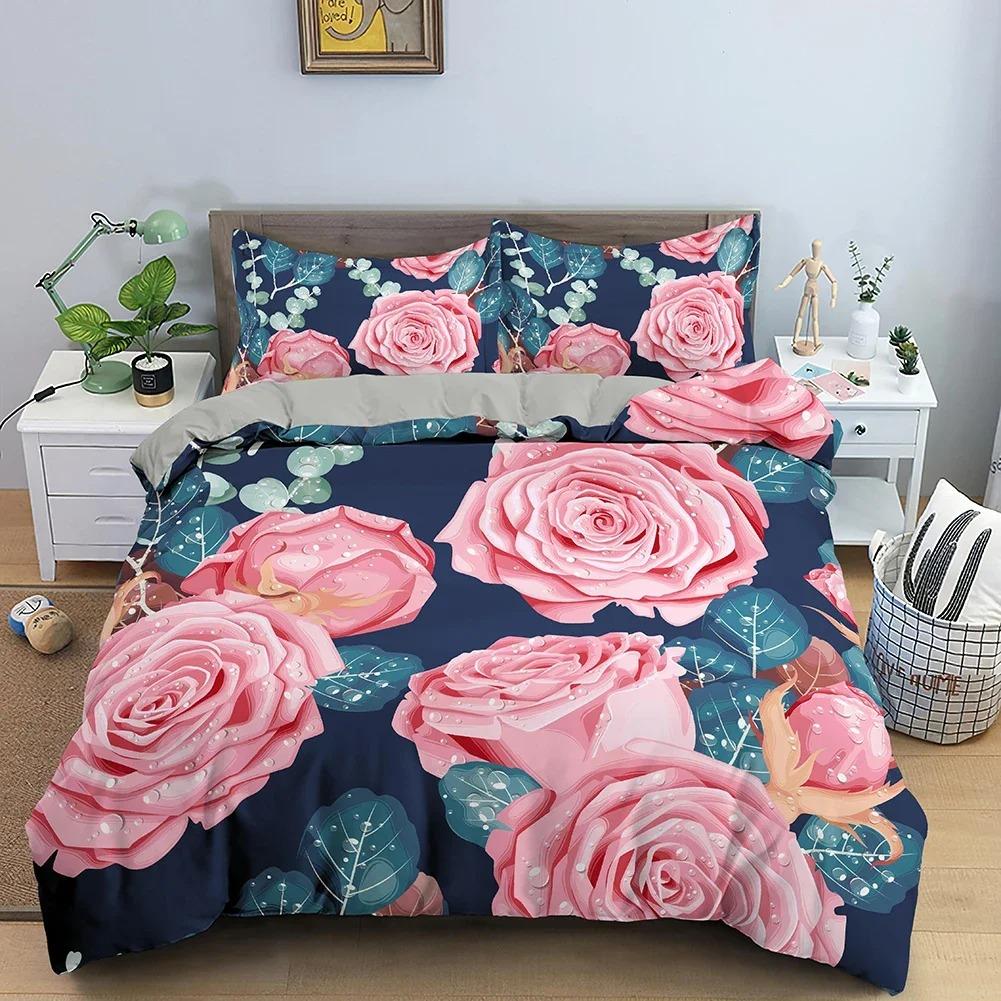 3D Rose Flower Duvet Cover King Size 210x210cm Polyester Bedding Set 23pcs with Zipper Closure