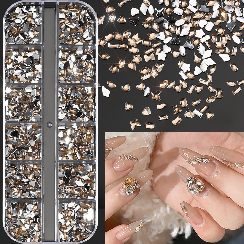 2000Pcs+ Colorful Rhinestones Nail Art Charms Multi Shape Crystal Flat Back Nail Gems 3D Mini Heart Star Butterfly Nail Diamonds