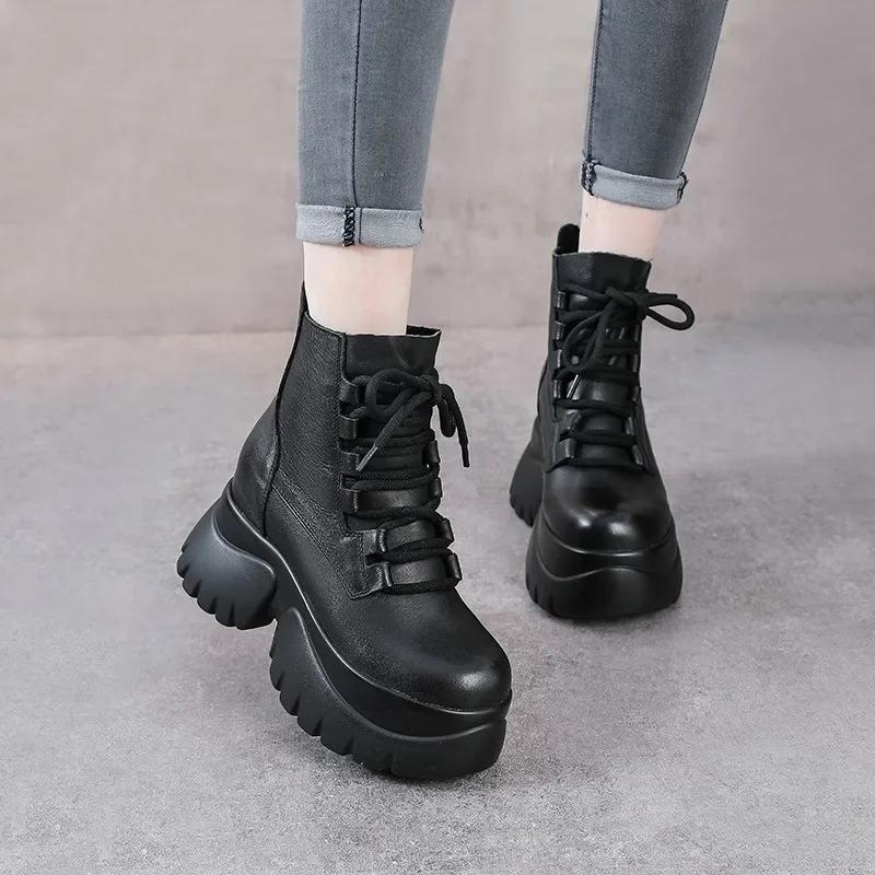 Fashion 10CM Genuine Leather Ankle Booties Women Motorcycle Boots Platform Wedge Slip On Spring Autumn Comfy Retro Lady High Heels Shoes