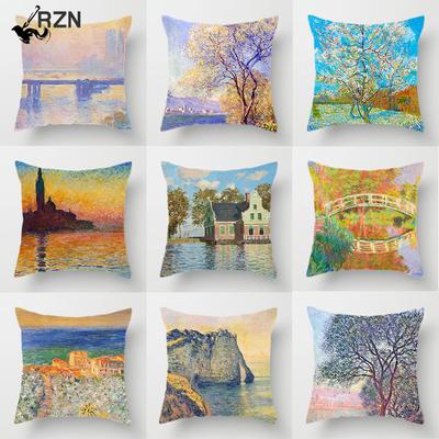 Claude Monet Polyester Printing Cushion Cover Sofa Landscape World Famous Oil Painting Throw Decorative Pillow Case Home Decor