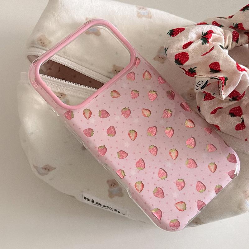 Ins Sweet Cute Bling Pink Strawberry Shockproof Phone Case For iPhone 13 14 15 16 17 Pro Max Hard IMD TPU Back Cover