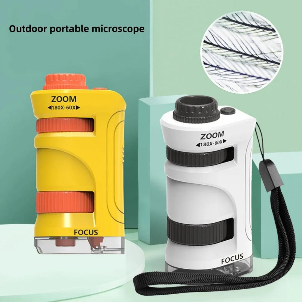 Kids Microscope Toy 60-180X Magnifying Science Educational Kit with 12 Slides Learning Gift for Children Classroom Home Camping