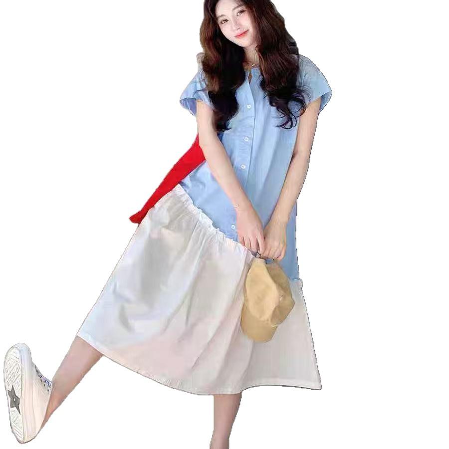 Women's Summer Korean Style Color-Block Spliced Long Shirt Dress - Loose Fit & Slimming with Irregular Design