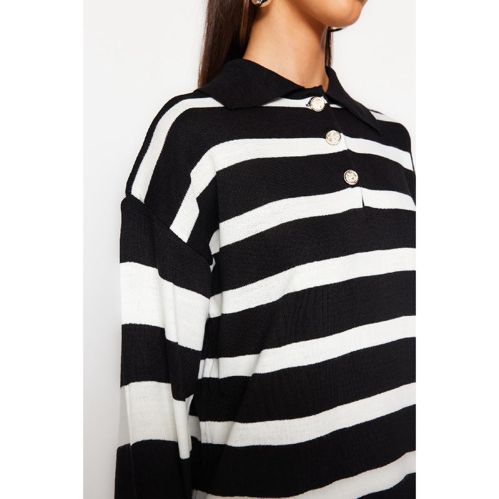 Black And White Polo Neck Striped Knitwear Sweater Tctaw24ak00045