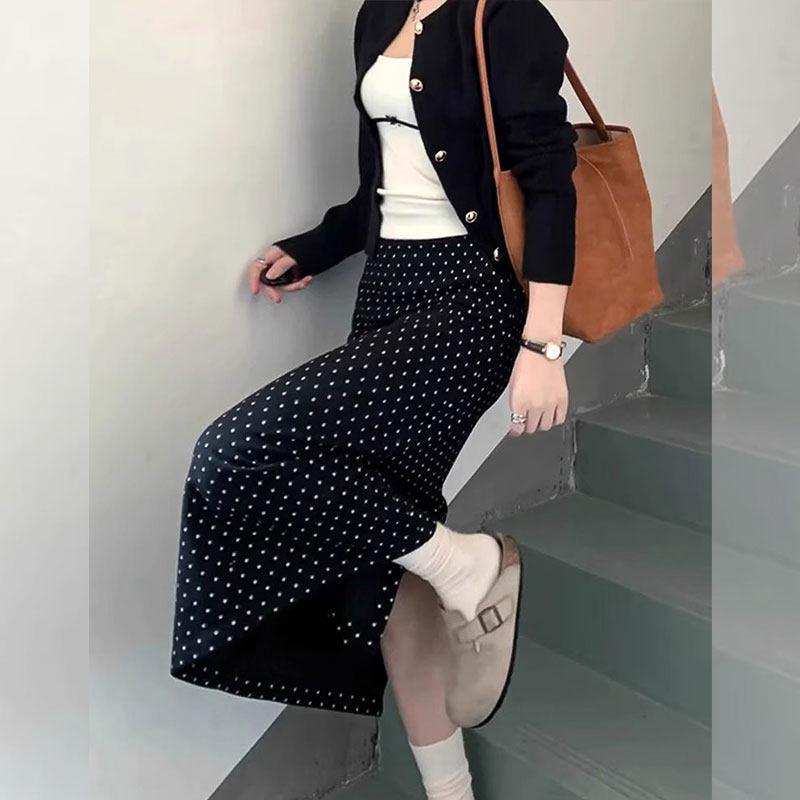 Women's Plus Size Black Polka Dot High-Waisted A-Line Midi Skirt - 2026 Spring Slimming Bodycon Skirt