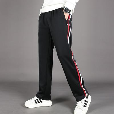Autumn New Red White Stripes Casual Sports School Uniform Pants Solid Elastic Waist Pockets Durable Breathable Straight Trousers