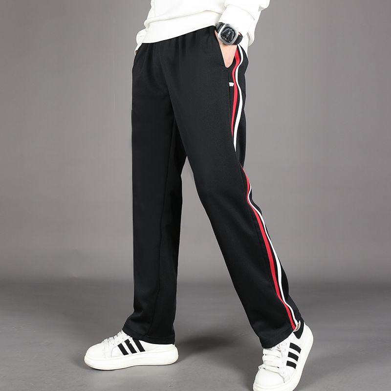 Autumn New Red White Stripes Casual Sports School Uniform Pants Solid Elastic Waist Pockets Durable Breathable Straight Trousers