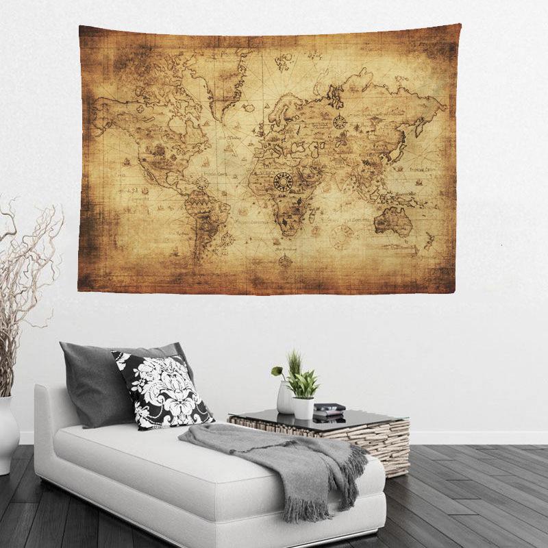 Retro World Map Tapestry Polyester Wall Hanging Retro Geographical Tapestry Living Room Bedroom Decoration 100X70CM