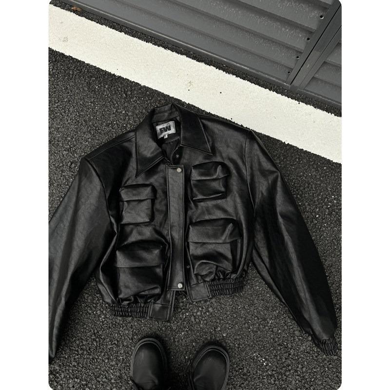 American retro high-end silhouette short leather jacket men's and women's multi-pocket lapel ruffian handsome fried street motorcycle leather jacket