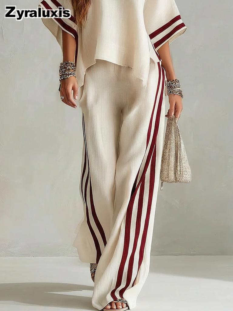 Summer New Women's Striped Patchwork Irregular Hem Casual Wide Leg Pants Two Piece Set