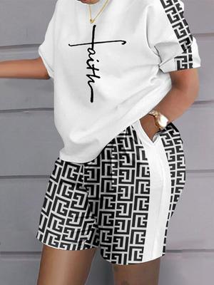 Summer New 3D Print Women's Two Piece Set, Casual Outfits Set Plus Size Geometric Print Casual Top & Shorts Set