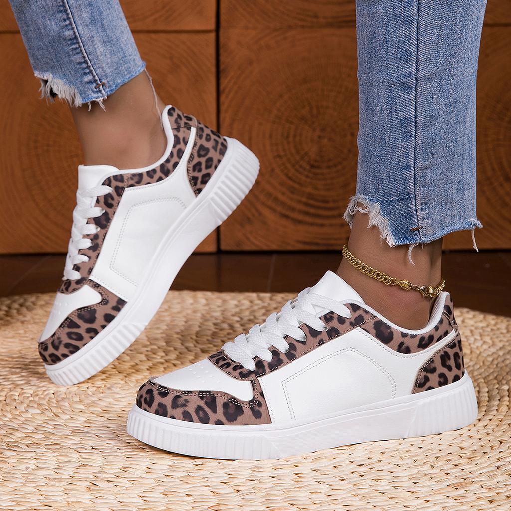Women Leopard Print Skate Sneakers Low Top Lace Up Walking Shoes Casual Street Fashion Daily Travel Footwear Everyday Comfortable