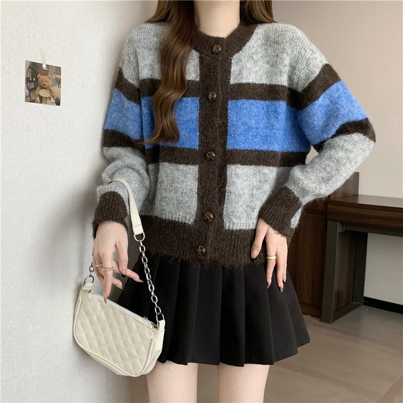 

Кардиган вязаный с контрастными полосками, с круглым вырезом и длинными рукавами, женский повседневный топ S серый