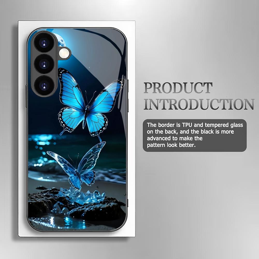 Blue Butterfly Tempered Glass Phone Case Suitable for Samsung Galaxy S26 S25 S24 S23 S22 S20 FE/Ultra/Plus Anti Drop Back Cover