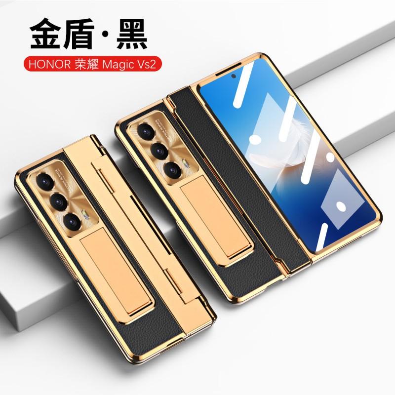 Premium Full Coverage PC Case Honor Magic V2 Foldable Phone Electroplated Vegan Leather Shockproof Anti-Fingerprint