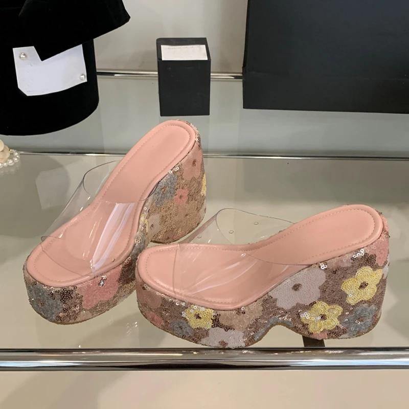 Fashion Women Shoes Sexy 13CM Super High Heels Wedges Slippers for Women Sequined Thick Bottom Open Toe Party Dress Shoe Platform Sandal