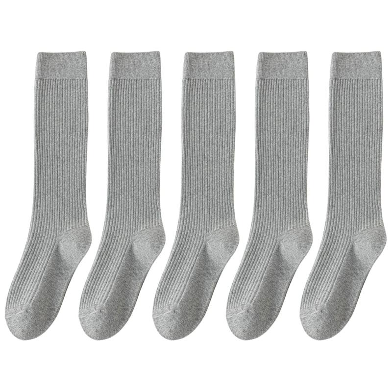 5 Pairs Women Rib Knitted Cotton Over The Calf Socks with Thick Double Stitching Classical Solid Color Knee Length Socks