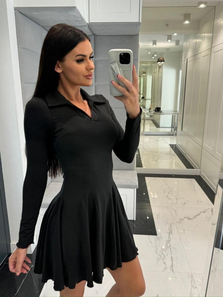 Elegant Autumn Lapel Long Sleeve High Waist Ruffle Hem Slim Pleated Short Comfortable Lightweight Recognition Elegant with Flattering Chic Dress